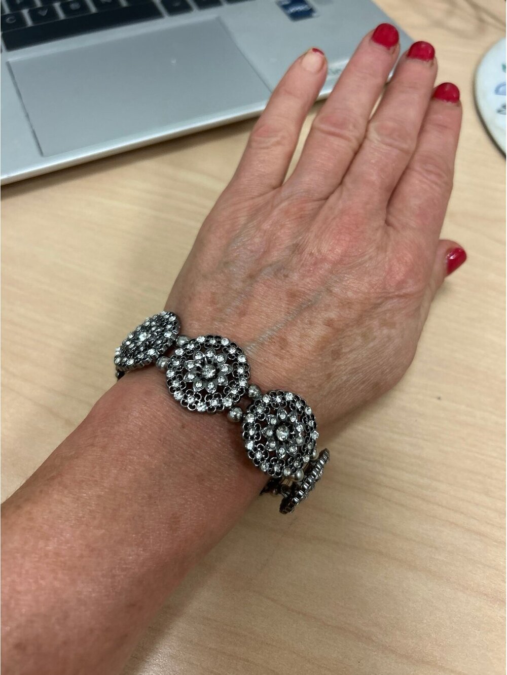 Fun Sparkly Silver Bling Bracelet  with floral medallions